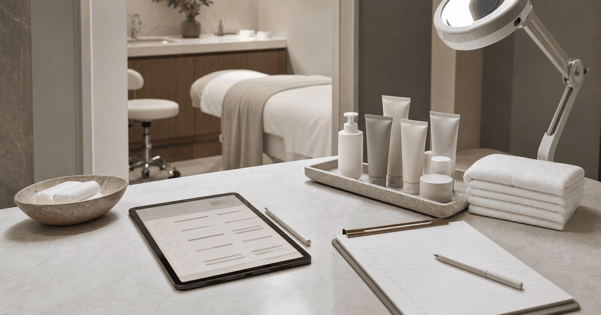 Medspa counter with intake tablet, unlabeled barrier-care products, towels, and checklist notes