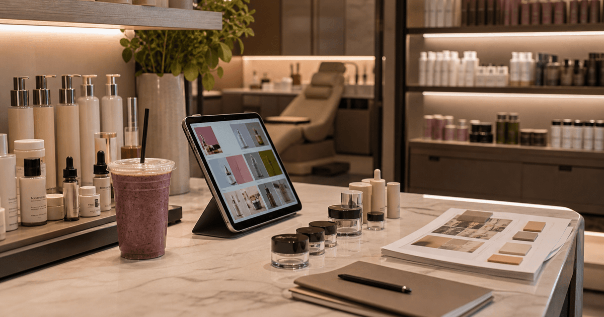 Beauty retail counter with skincare testers, smoothie cup, haircare samples, and merchandising notes