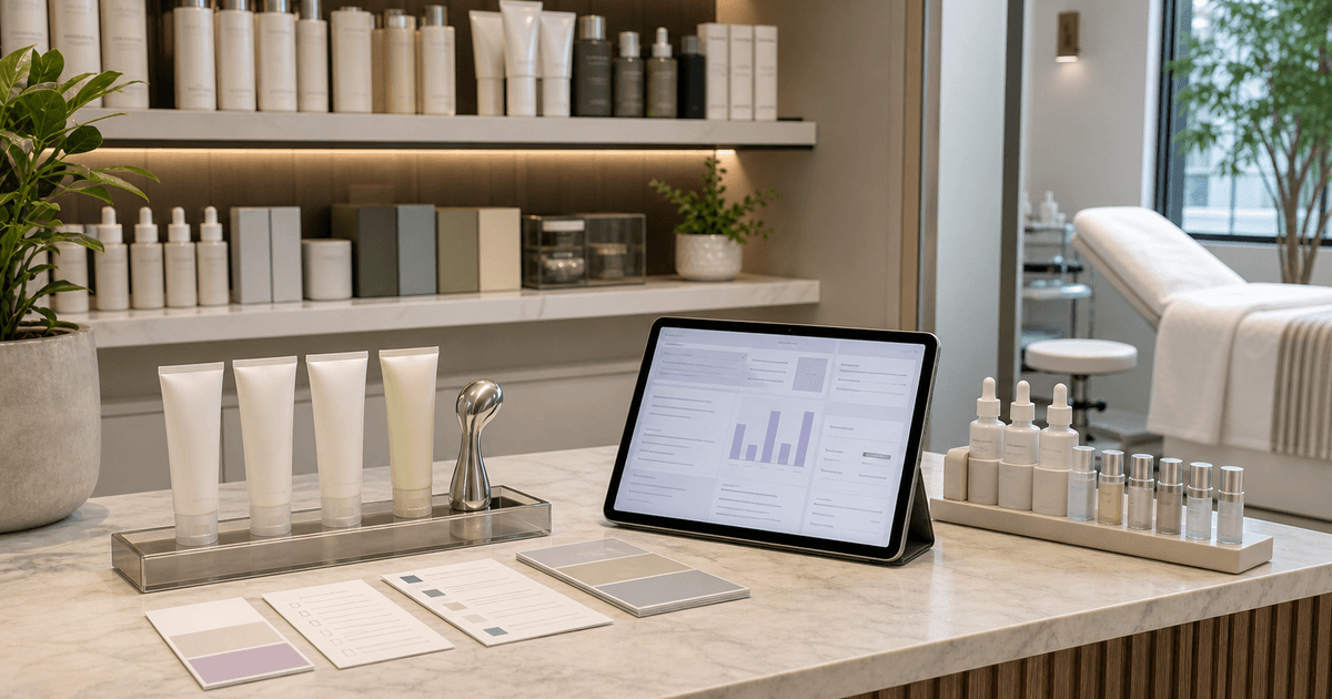Skincare retail consultation counter with scar-care samples, evidence notes, and treatment-room tools