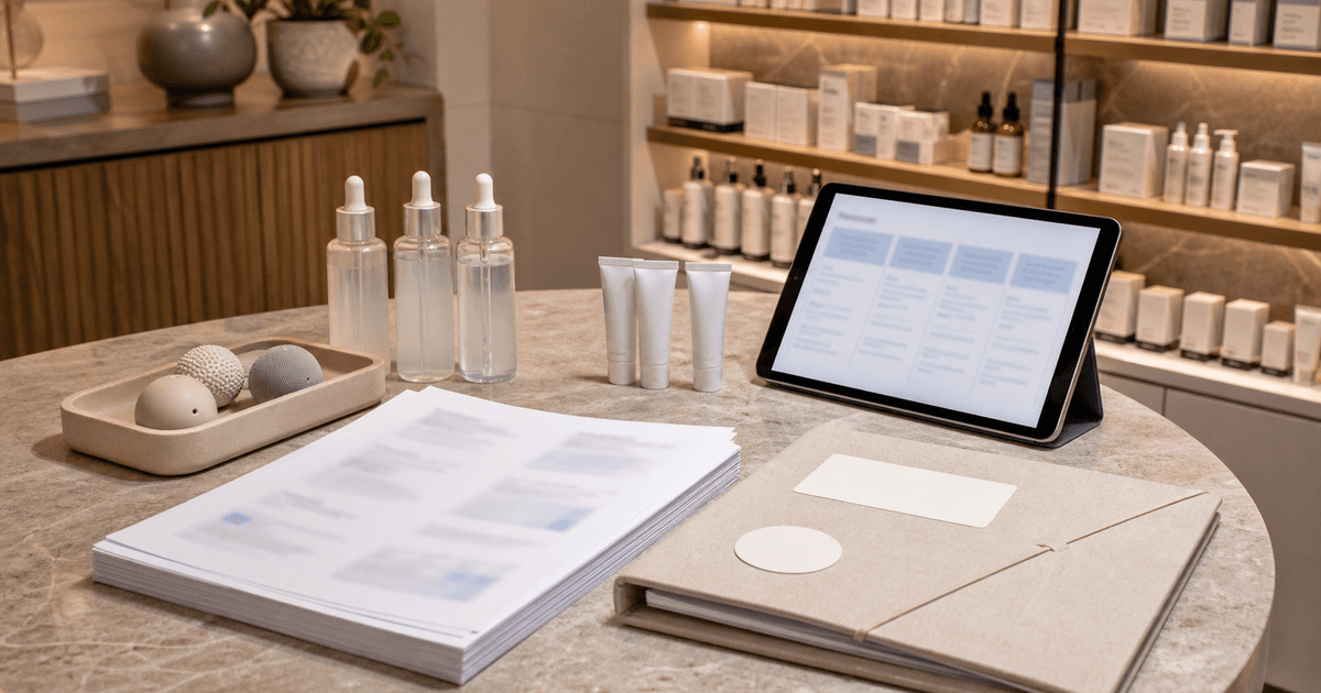 Medspa claim-review desk with unbranded scar-care samples, research papers, and a tablet