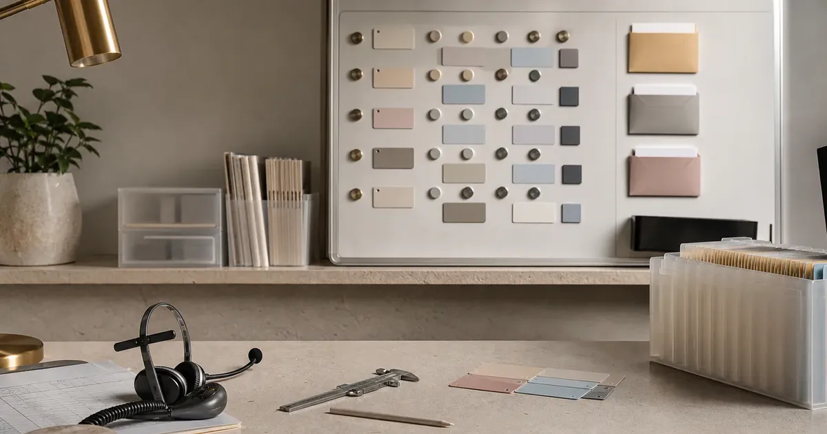 A boutique aesthetics back office with routing chips, referral envelopes, headset and caliper for consult triage.