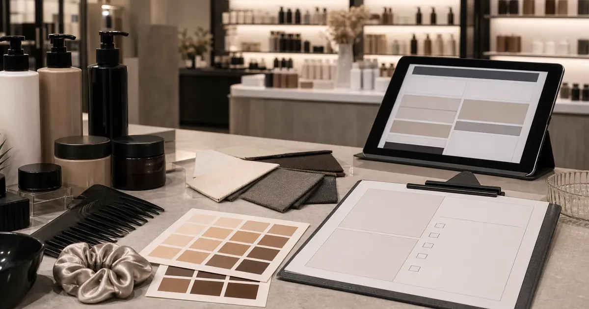 Beauty retail counter with haircare bottles, shade cards, consultation notes, and tablet inventory for channel strategy