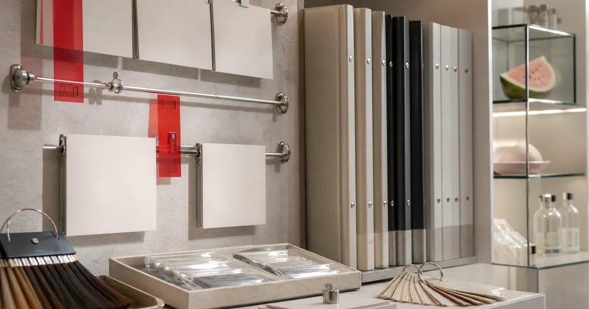 Wall-mounted beauty claims archive with red acetate strips, blank cards, binders, swatches and watermelon cue