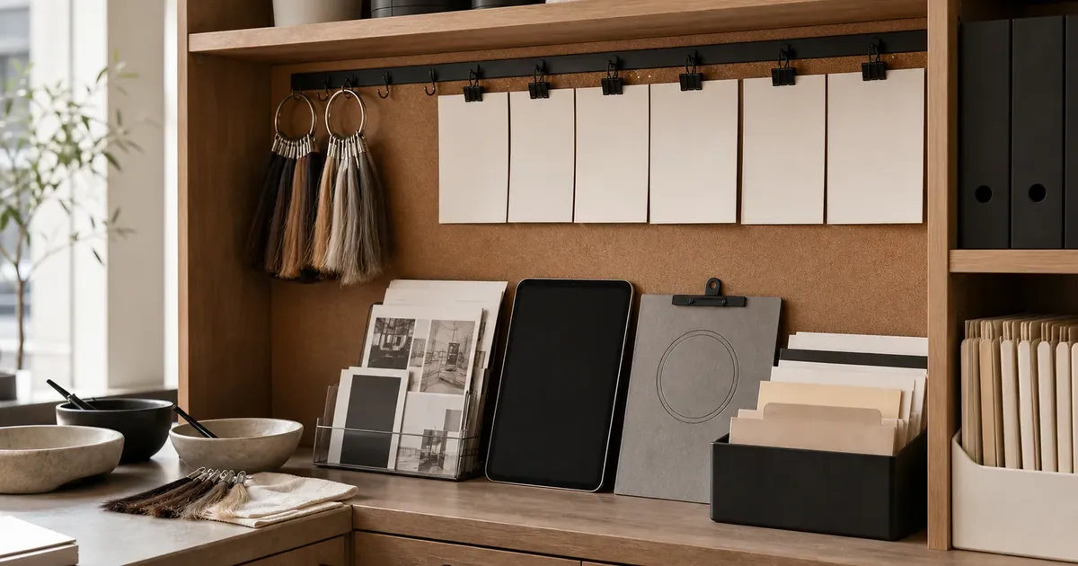 Back-room salon proof alcove with blank policy cards, strand rings, payroll tray, and hiring folders.