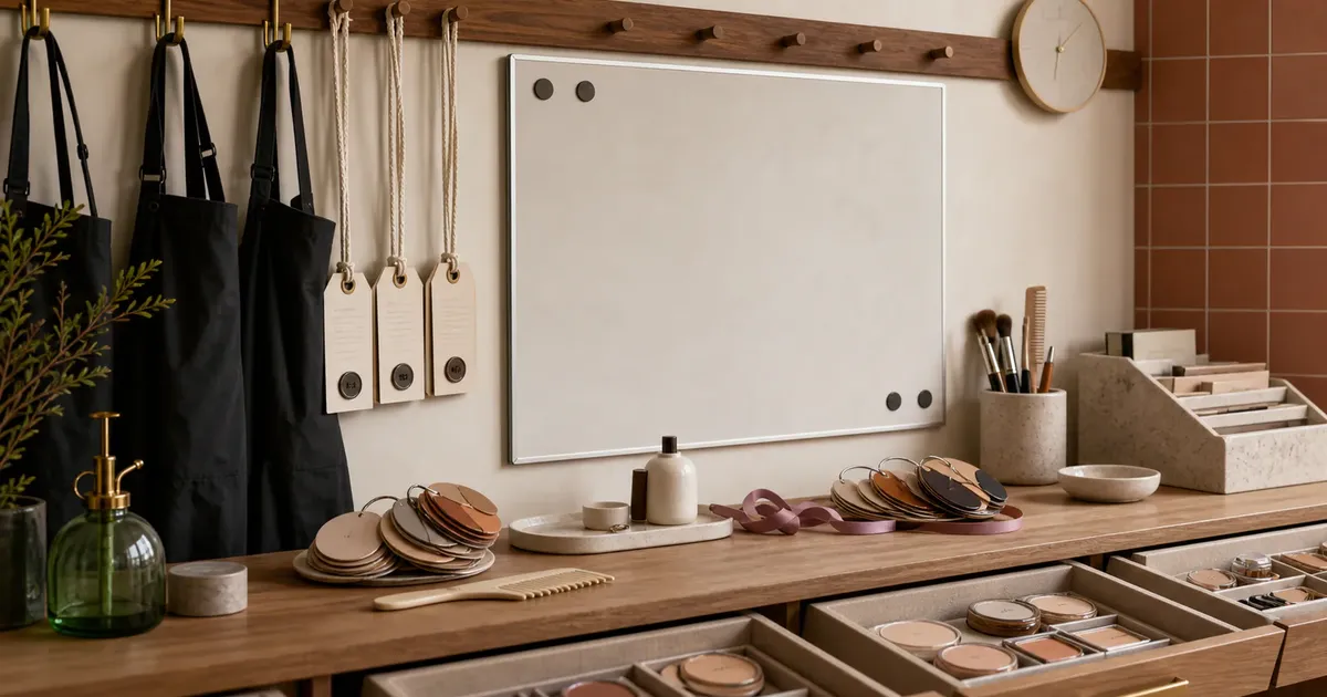 Salon education workspace with nude compacts, QA hangtags, shade rings, black aprons, atomizer, comb, and blank clock