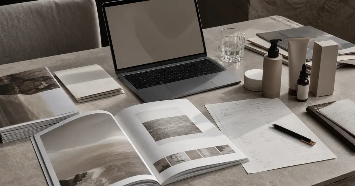 Beauty operator desk with skincare samples, laptop, report packet, and planning notes