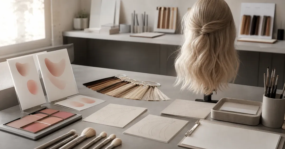 Technique training workspace with back-facing hair form, blush palette, colour swatch ring and thread-pathway sheets