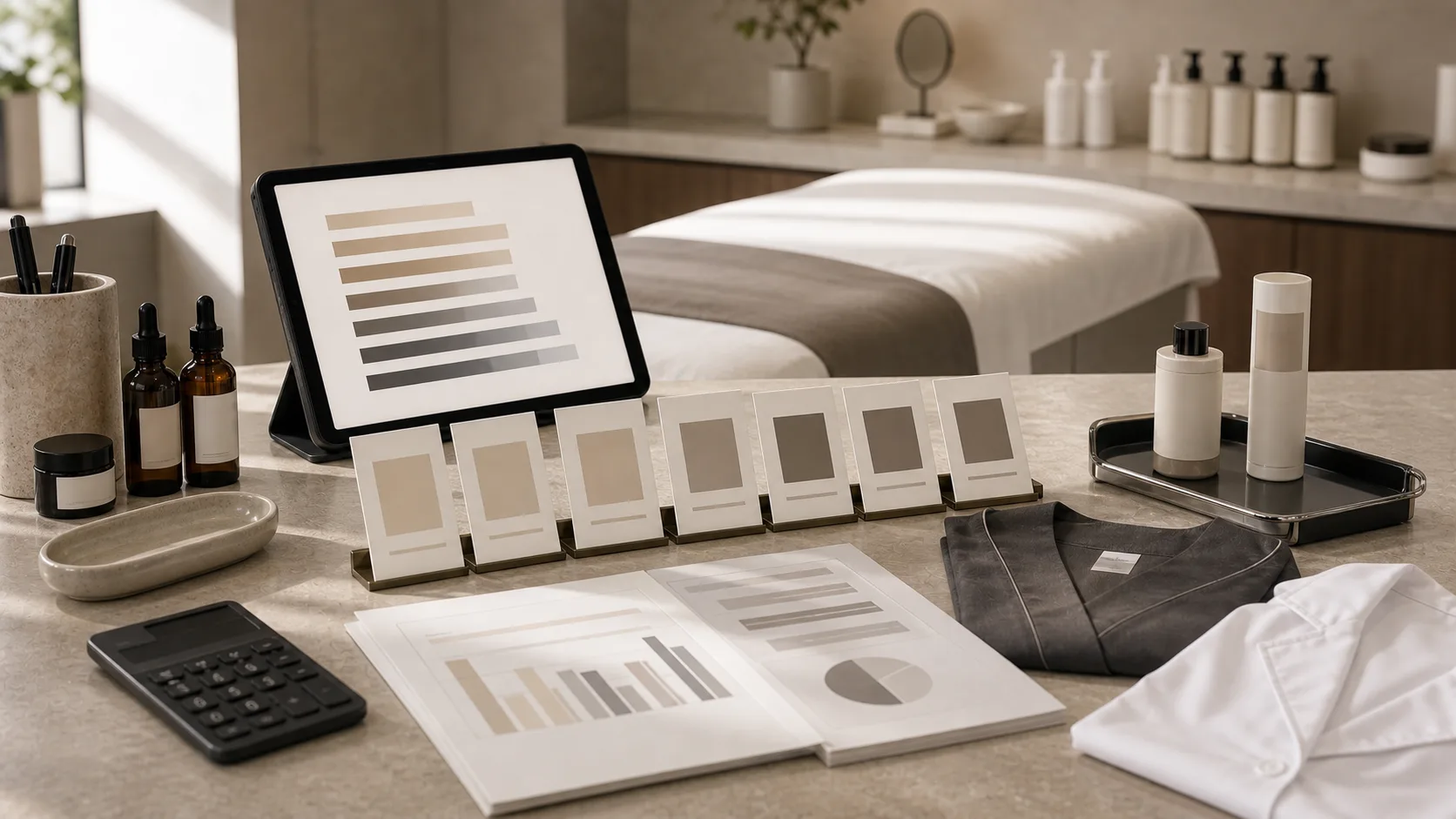 Beauty clinic operations desk with abstract salary benchmark charts, blank role cards, and skincare products.