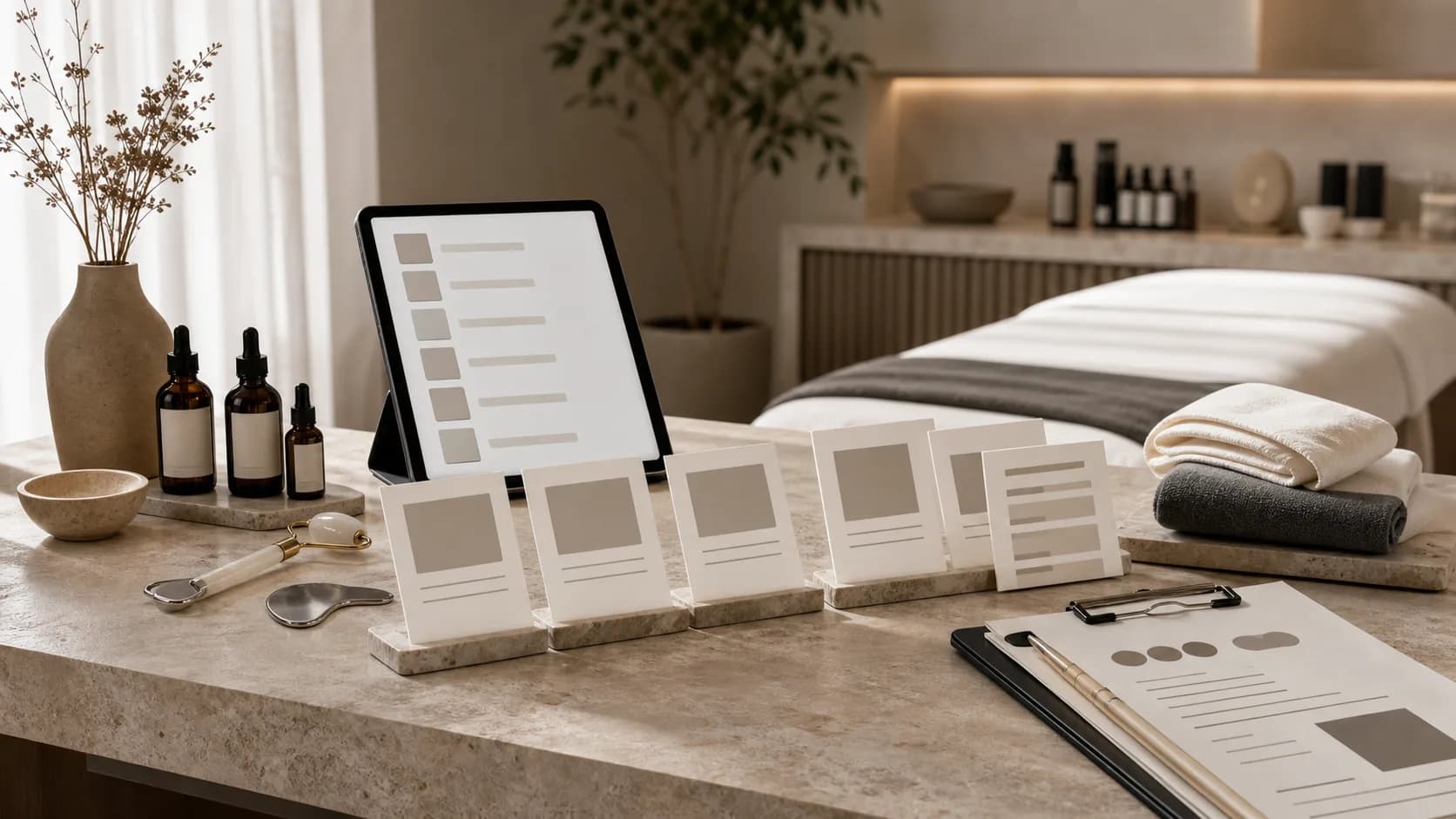 Esthetician treatment-room hiring workspace with blank employer cards, skincare bottles, facial tools, and a tablet ranking layout.