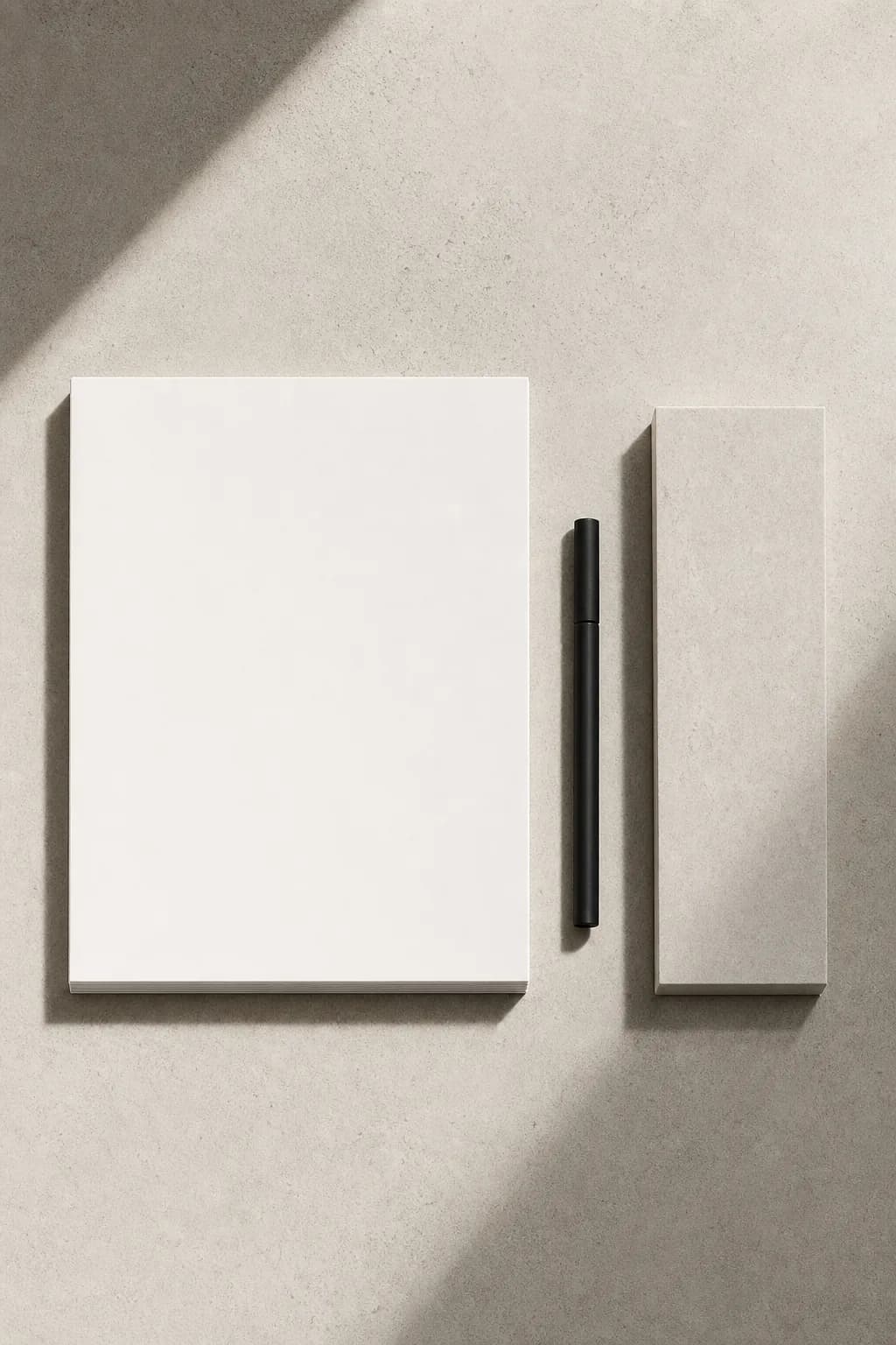 A blank audit worksheet, black pen, and stone tile arranged in raking window light