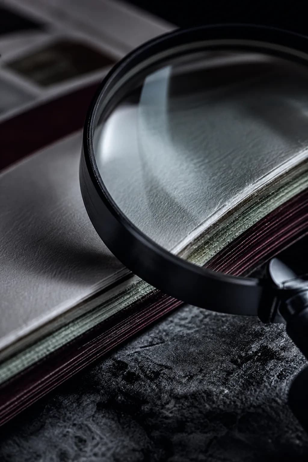 A magnifying lens resting on an open review ledger in low editorial light