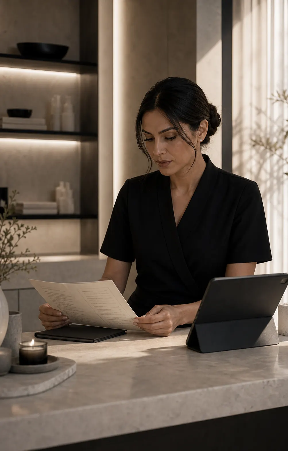 Beauty operator reviewing a service menu for Thailand Beauty Growth Puts AI Spend on a Shorter Leash