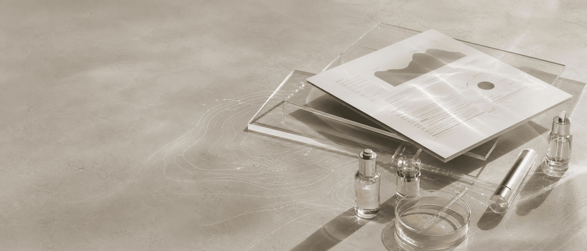 SOCELLE company intelligence materials spread across a clean surface with contour lines and beauty lab objects
