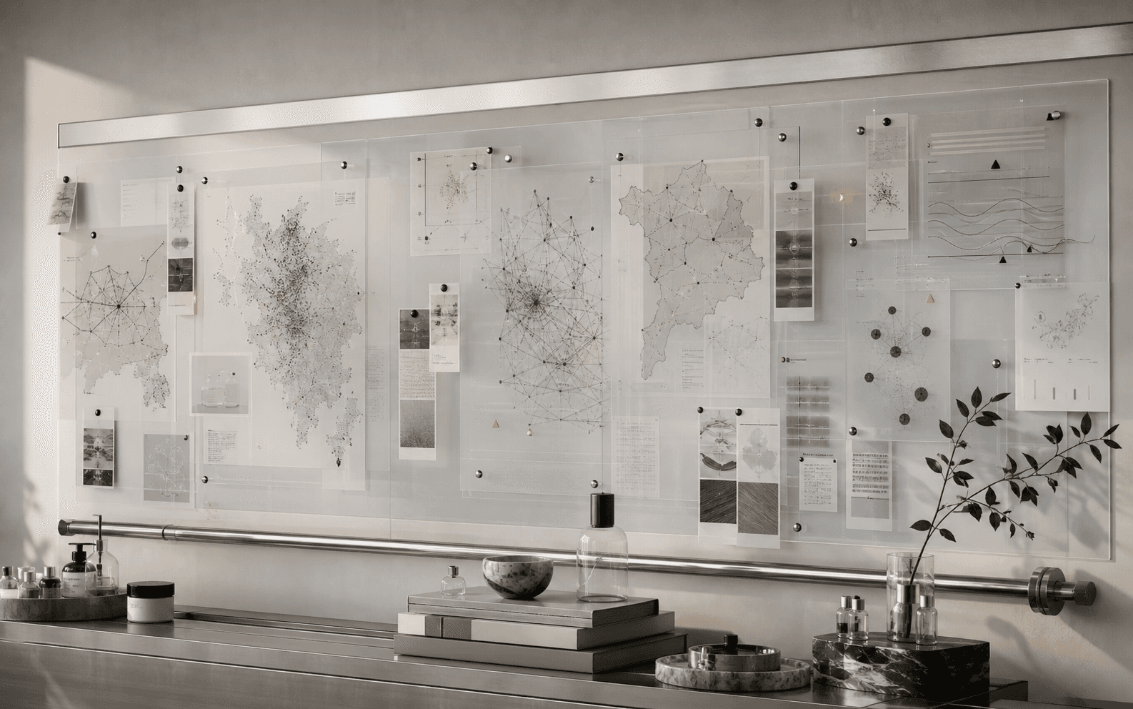 SOCELLE evidence wall with beauty-industry intelligence maps, diagrams, and cosmetic objects