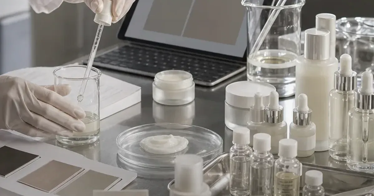 Stone-top medspa workspace with ingredient jars, paper folders, and a treatment chair in soft daylight