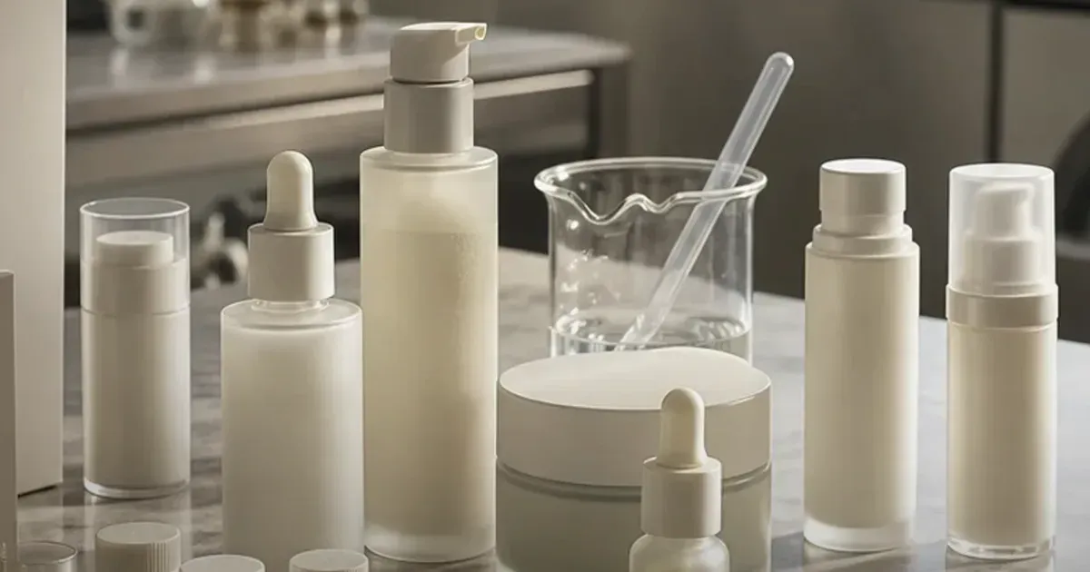 Silica samples and water-testing glassware on a premium skincare lab counter