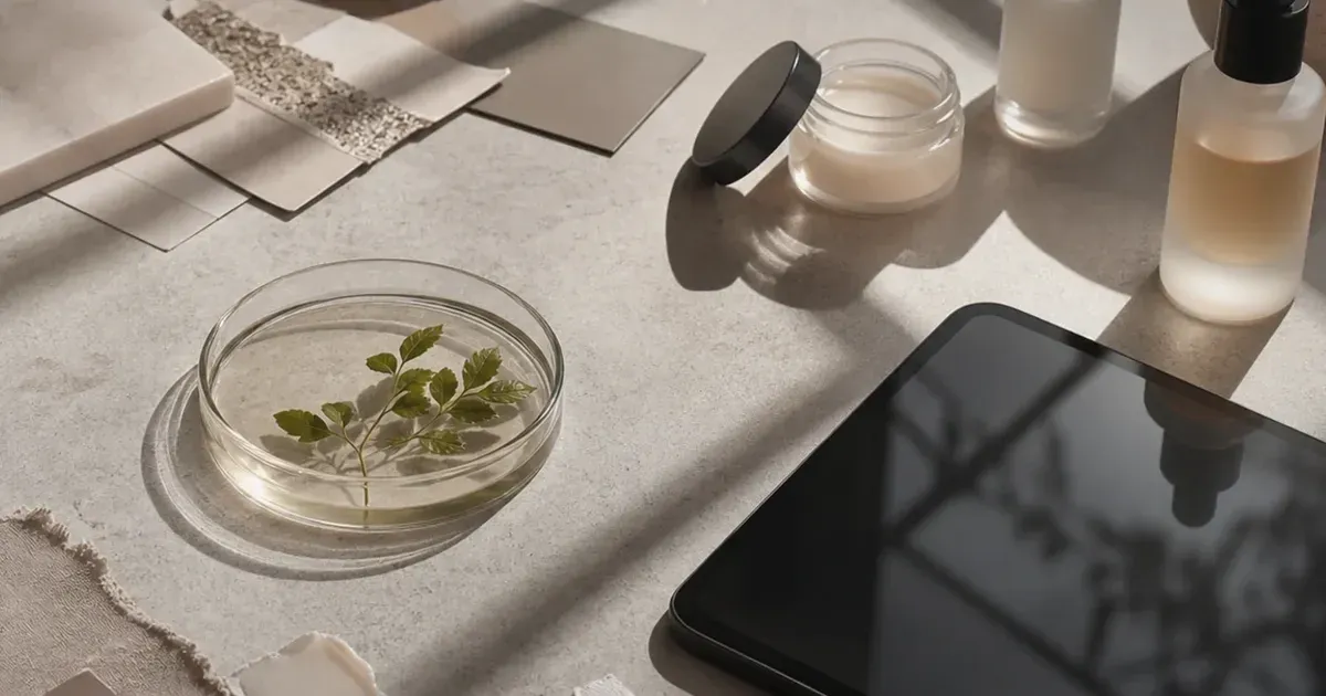 Editorial still life of bone-toned stone, paper, a cassette player, and spa vessels on a quiet counter