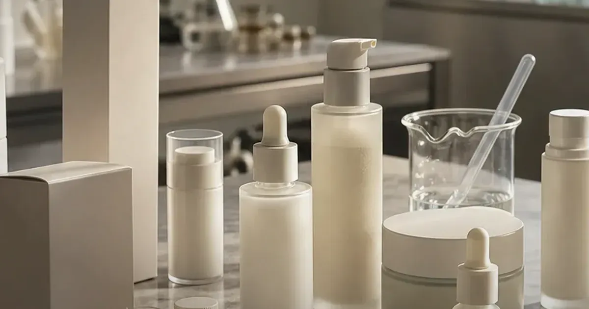 London skincare boutique counter with frosted jars, angled ingredient cards, and a merchandising tablet.