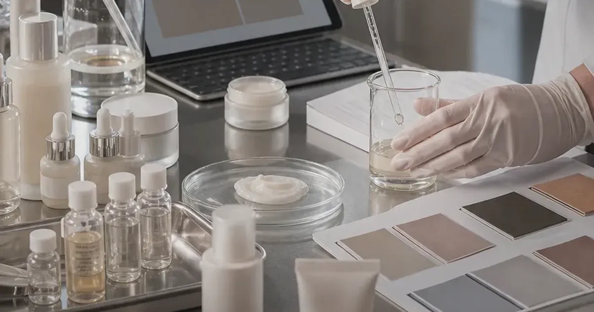 Premium beauty store back-office desk with unlabeled haircare bottles, discounted skincare sets and a launch calendar tablet.