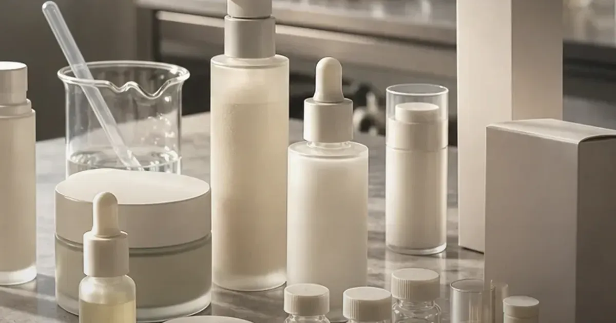 Product development bench with skincare vials, cream samples, market charts, and a microscope notebook.