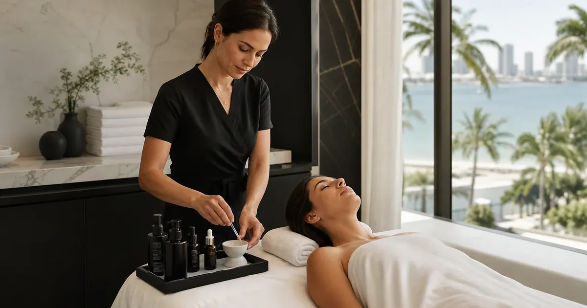 Miami spa professional preparing a facial ritual beside a client with palms beyond the window
