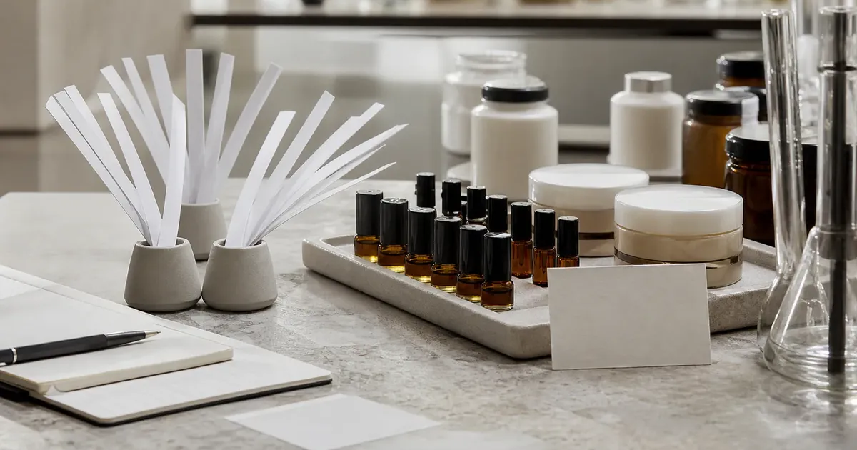 July 3 perfumer blotters, amber accords, cream jars and batch card for beauty credential report