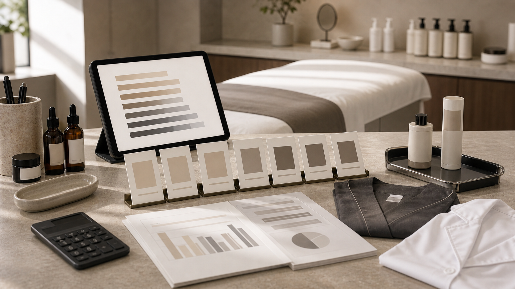 Beauty clinic operations desk with abstract salary benchmark charts, blank role cards, and skincare products.