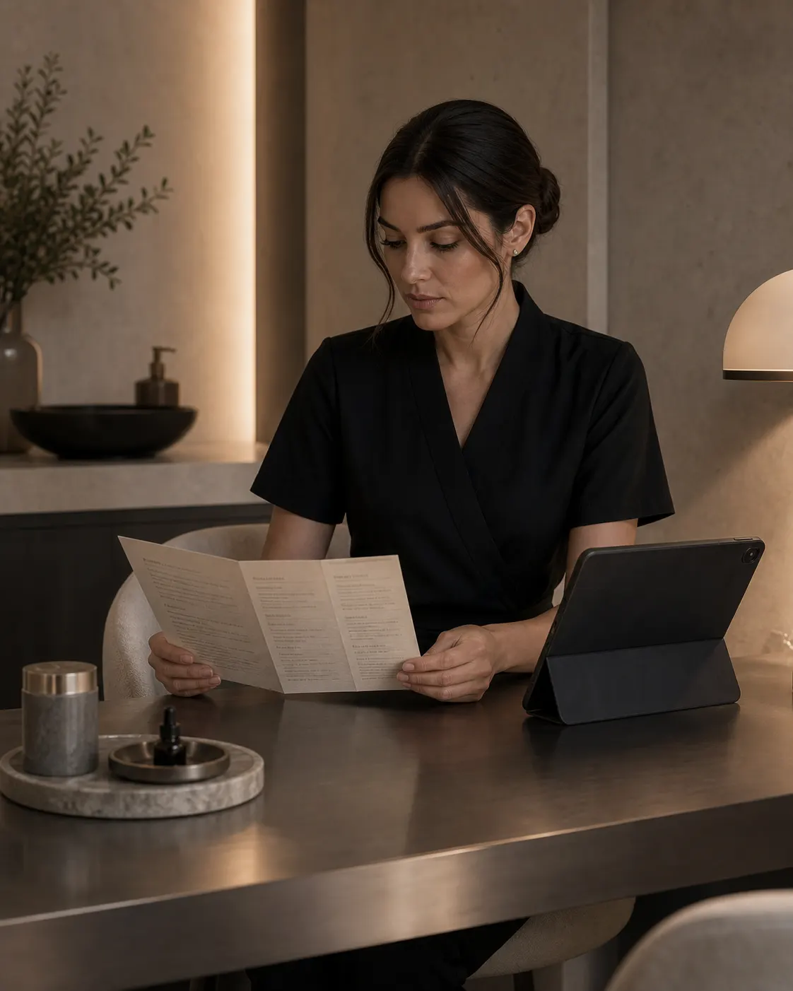 A refined clinical consultation setting with treatment notes, product samples, and subtle technology cues.