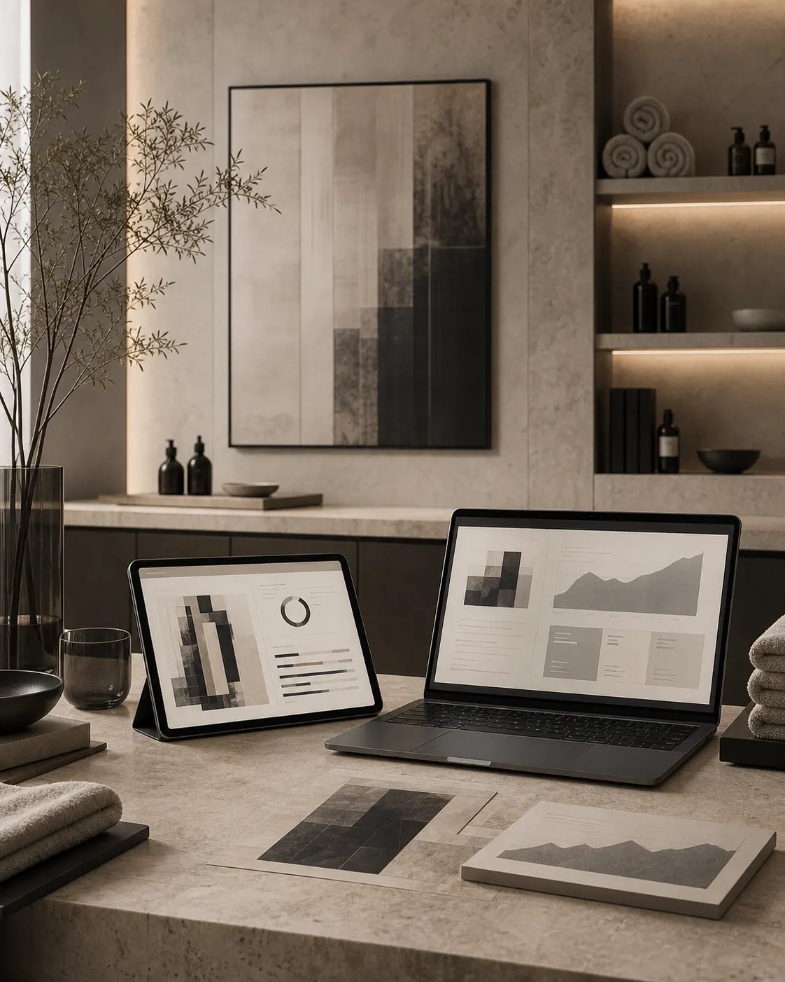 A refined product and merchandising workspace with unbranded packaging samples and retail planning notes.