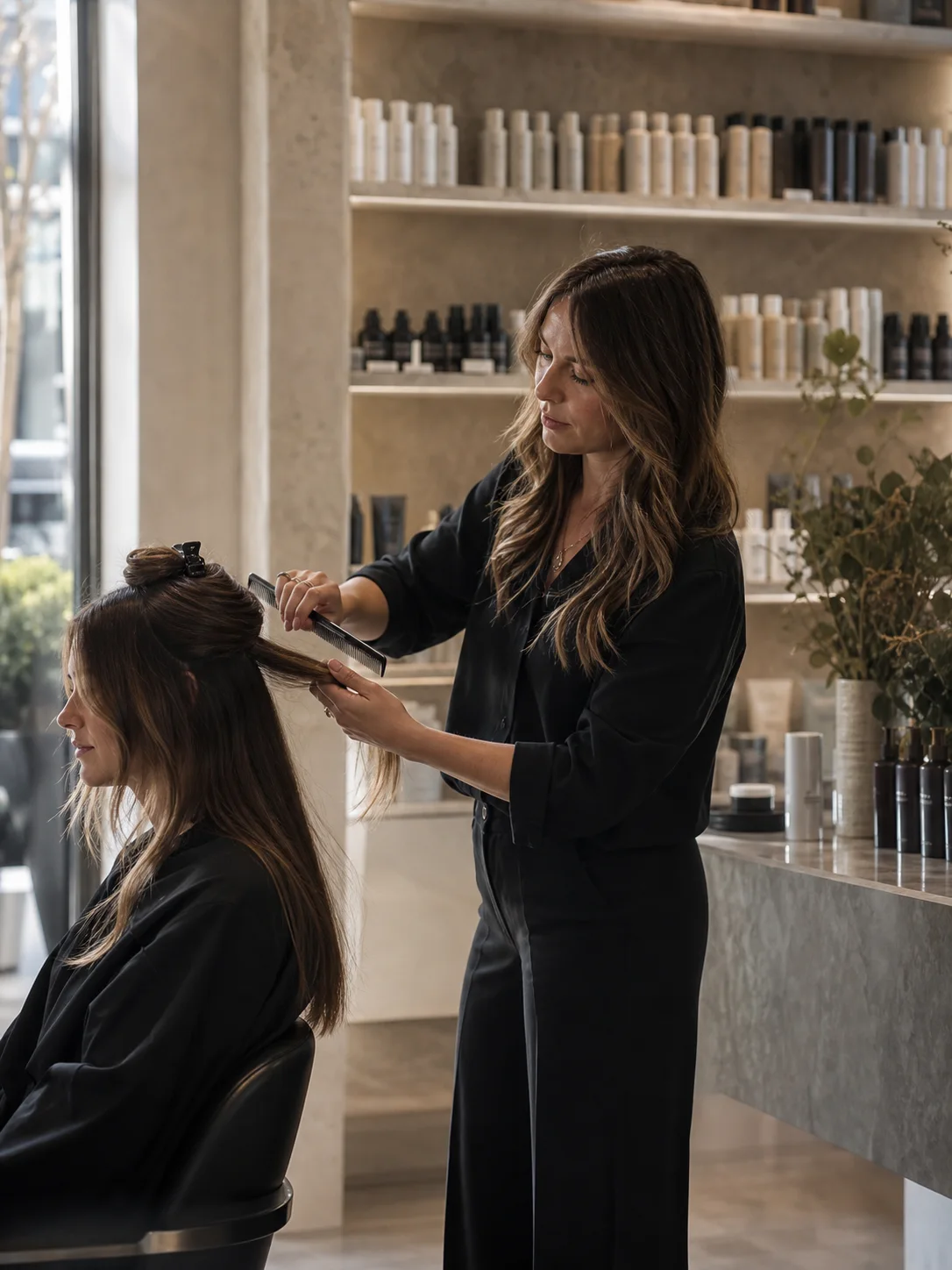 An editorial salon environment with refined retail shelves, styling tools, and an active hair service.