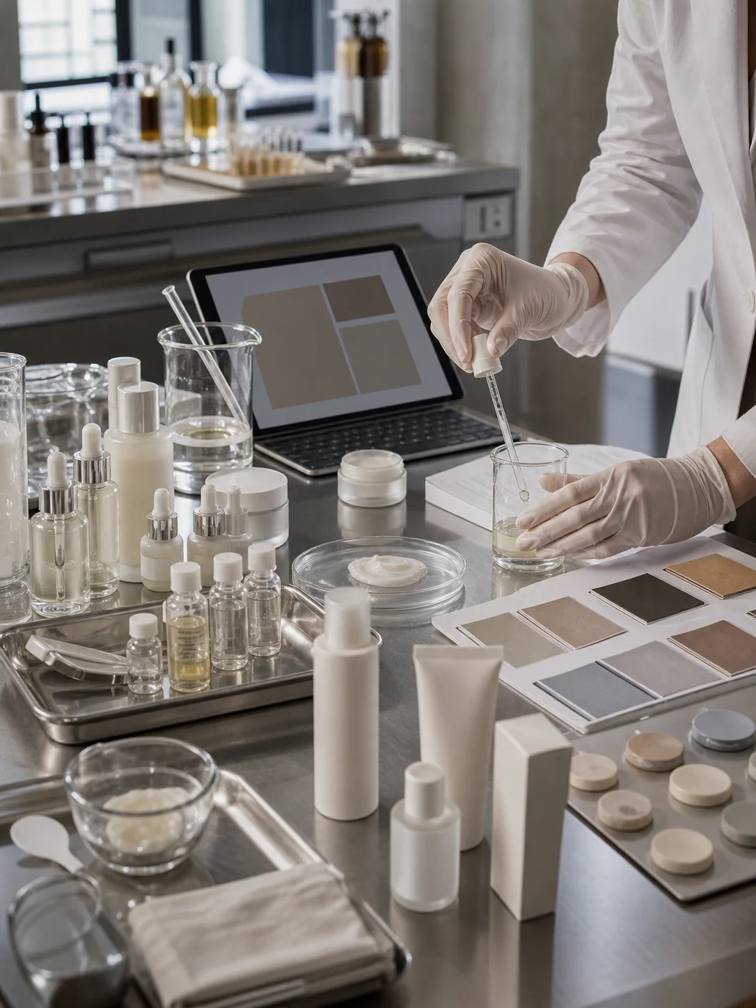 A hands-on high-end lab-to-market workspace with formulation samples, blank prototypes, and product development materials.