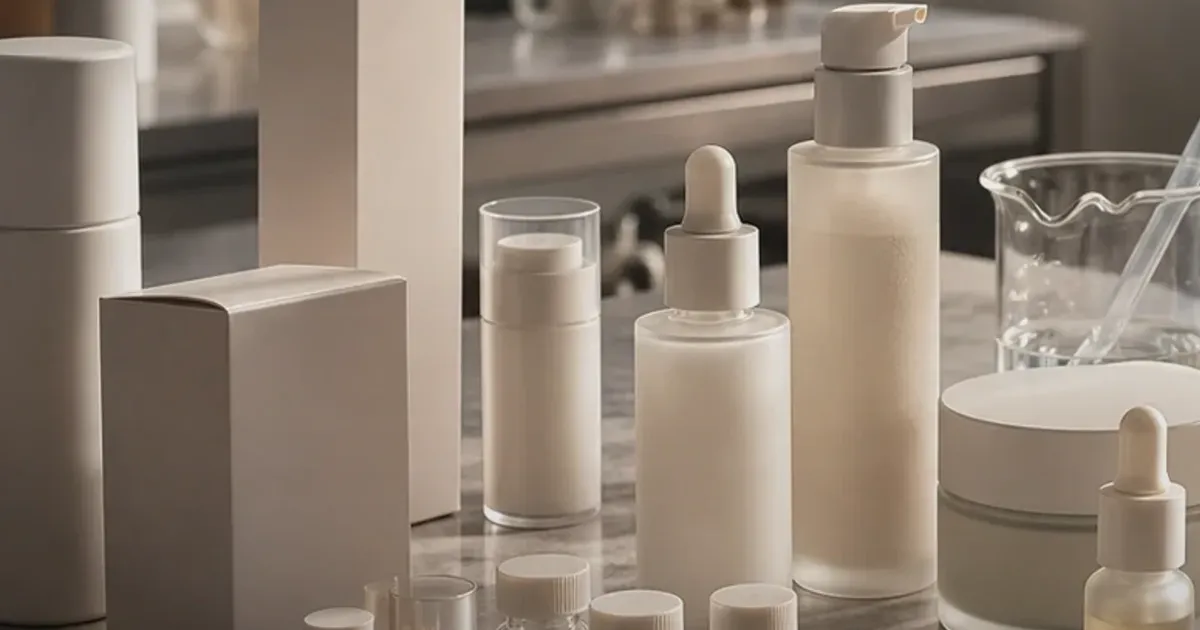 Editorial beauty retail development workspace with product samples and professional counter materials, uniquely composed for Luxury...