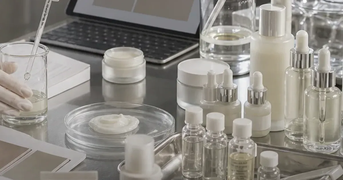 Editorial supplier lab and market development workspace with clinical beauty production materials, uniquely composed for Beauty...