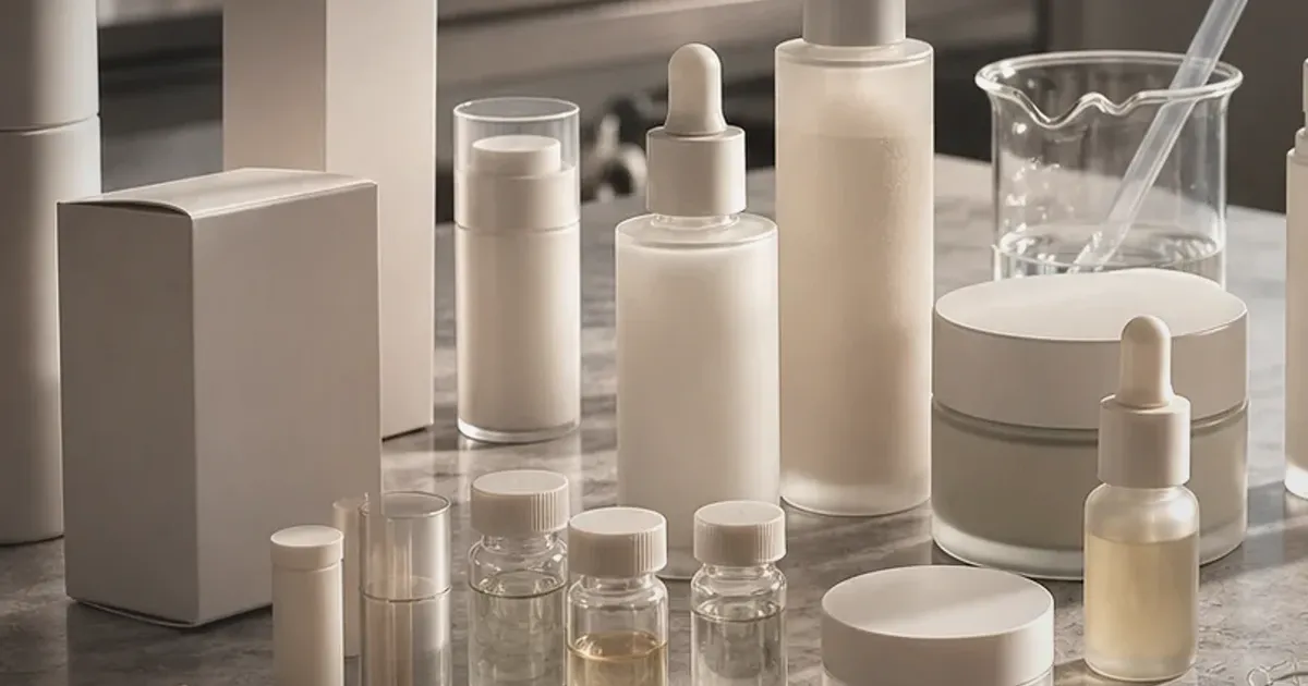 Editorial beauty retail development workspace with product samples and professional counter materials, uniquely composed for Yonhap...
