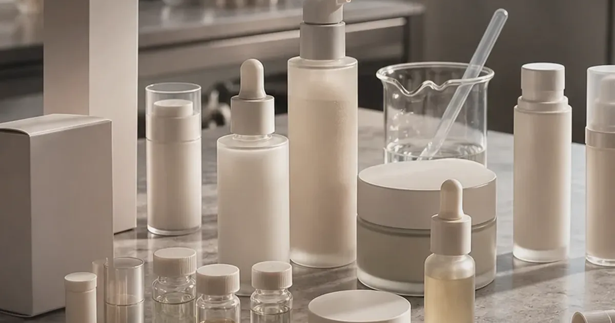 Realistic skincare retail counter with neutral bottles, lab glass, and soft studio light, uniquely composed for Ecuador, Red Sea and...