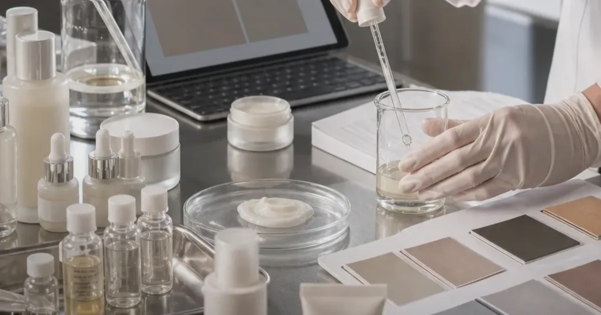 Realistic supplier lab bench with beakers, sample jars, gloves, and muted material swatches, uniquely composed for Ecuador tourism,...