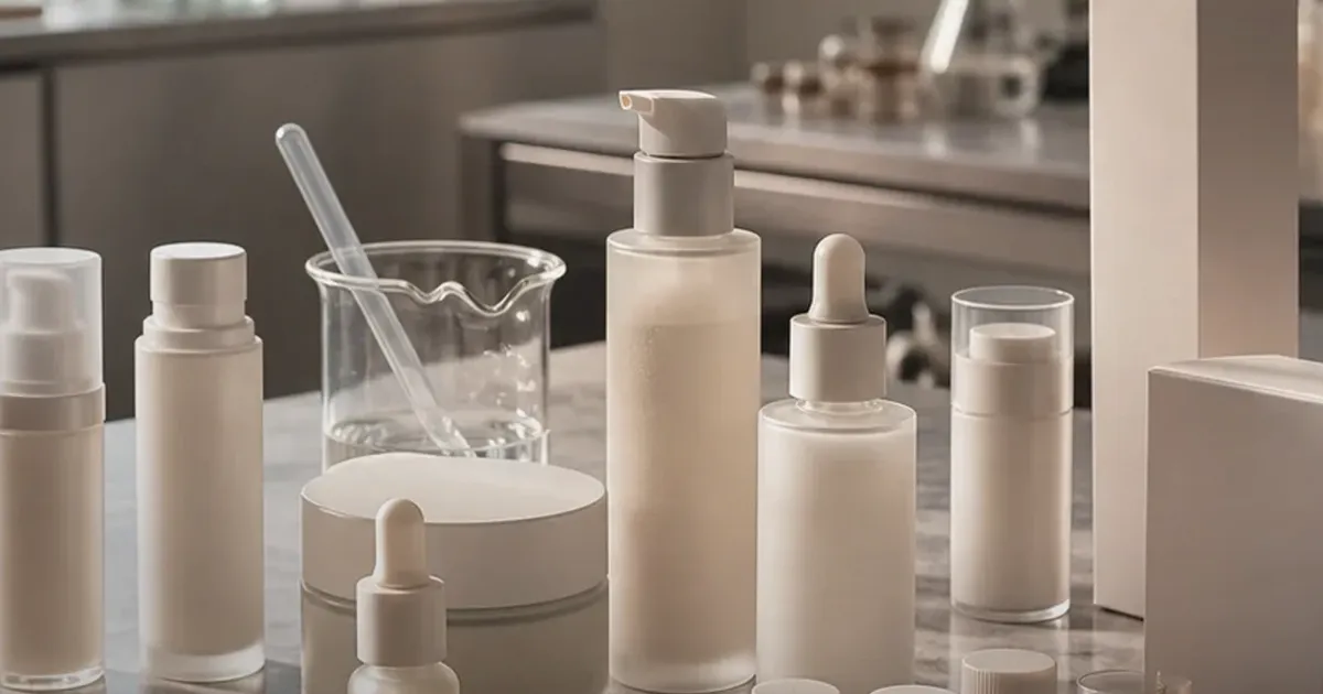 Realistic skincare retail counter with neutral bottles, lab glass, and soft studio light, uniquely composed for South Korea's energy and...
