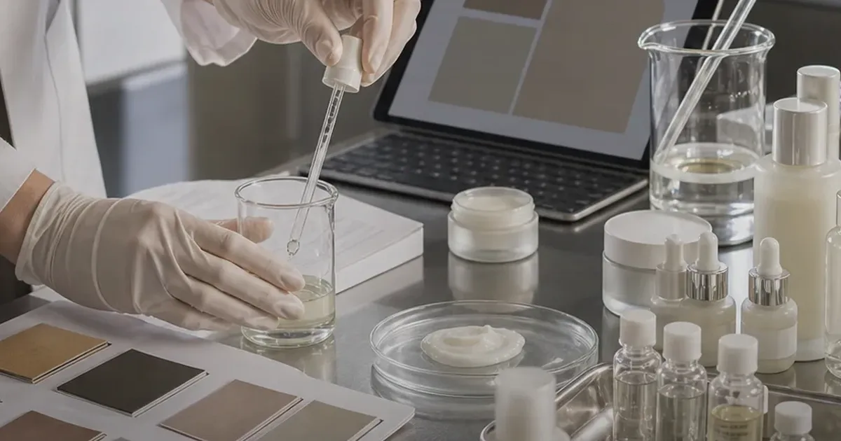 Realistic supplier lab bench with beakers, sample jars, gloves, and muted material swatches, uniquely composed for South Korea's...