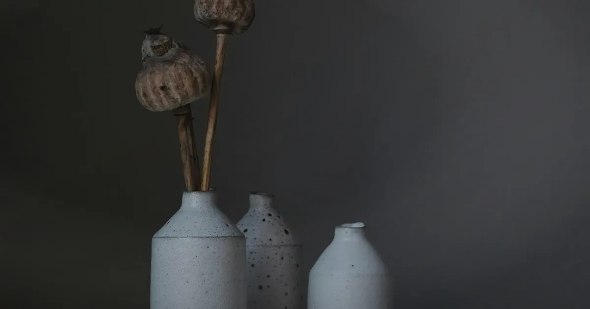 Realistic ceramic vessels and dried stems against a dark neutral studio wall, uniquely composed for Celine to Martha's Vineyard: Luxury...