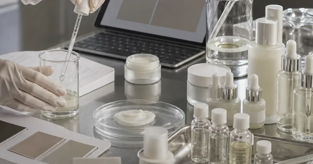 Realistic supplier lab bench with beakers, sample jars, gloves, and muted material swatches, uniquely composed for Menarini, Hormuz and...