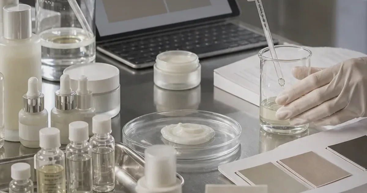 Realistic supplier lab bench with beakers, sample jars, gloves, and muted material swatches, uniquely composed for South Korea's June...