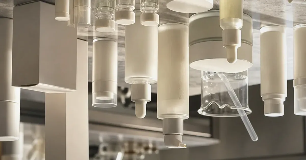 Realistic skincare retail counter with neutral bottles, lab glass, and soft studio light, uniquely composed for A High-Scoring 'Other'...