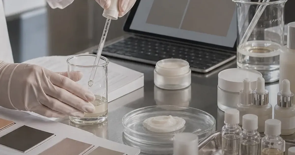 Realistic supplier lab bench with beakers, sample jars, gloves, and muted material swatches, uniquely composed for WANDA, CARsgen and...