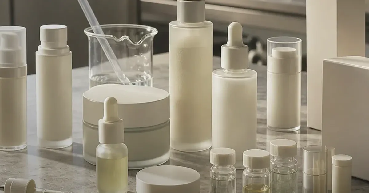 Realistic skincare retail counter with neutral bottles, lab glass, and soft studio light, uniquely composed for South Korea's Risk-On...