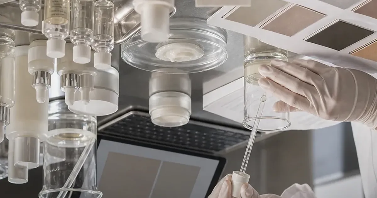 Realistic supplier lab bench with beakers, sample jars, gloves, and muted material swatches, uniquely composed for Clean Electrification...