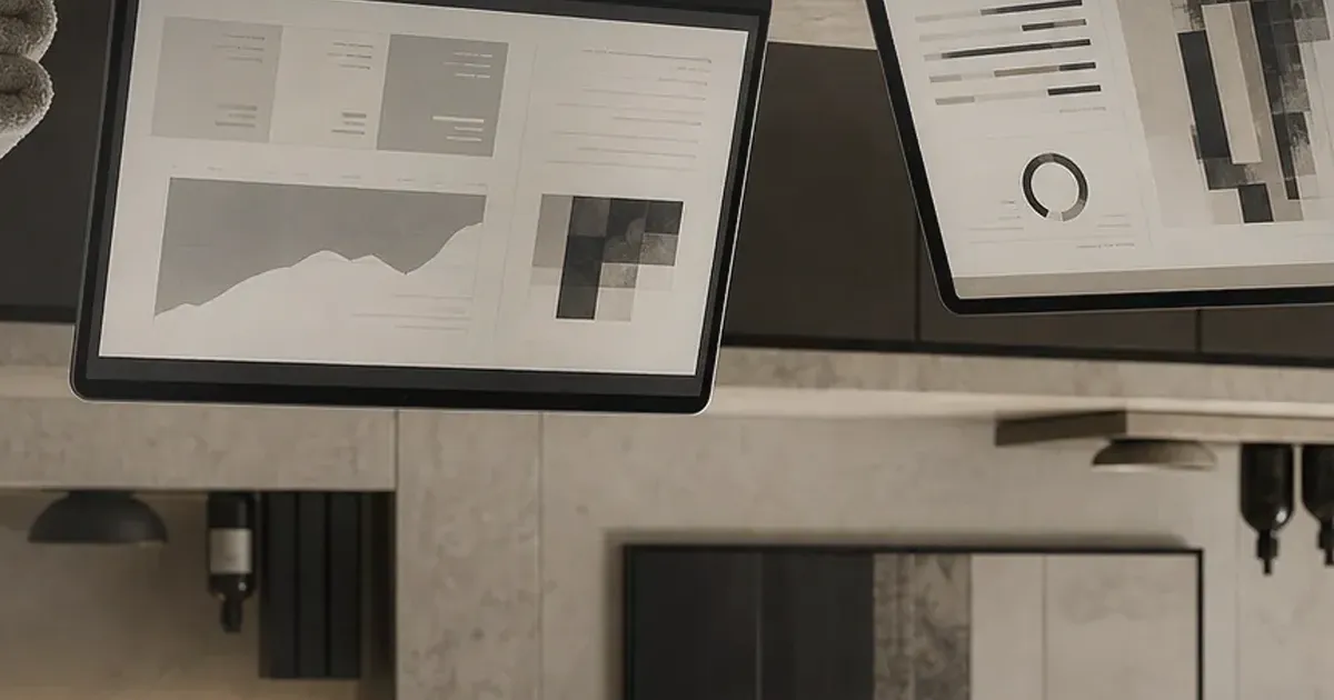 Realistic workspace with a laptop, product board, glassware, and neutral interior light, uniquely composed for P&G’s leadership reset...