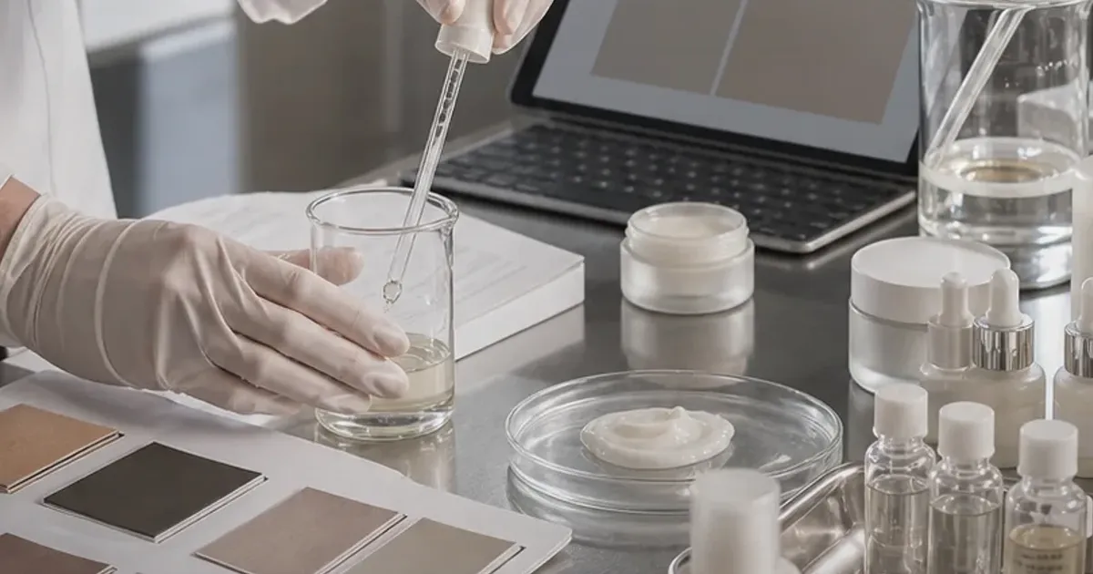 Realistic supplier lab bench with beakers, sample jars, gloves, and muted material swatches, uniquely composed for South Korea's Hormuz...