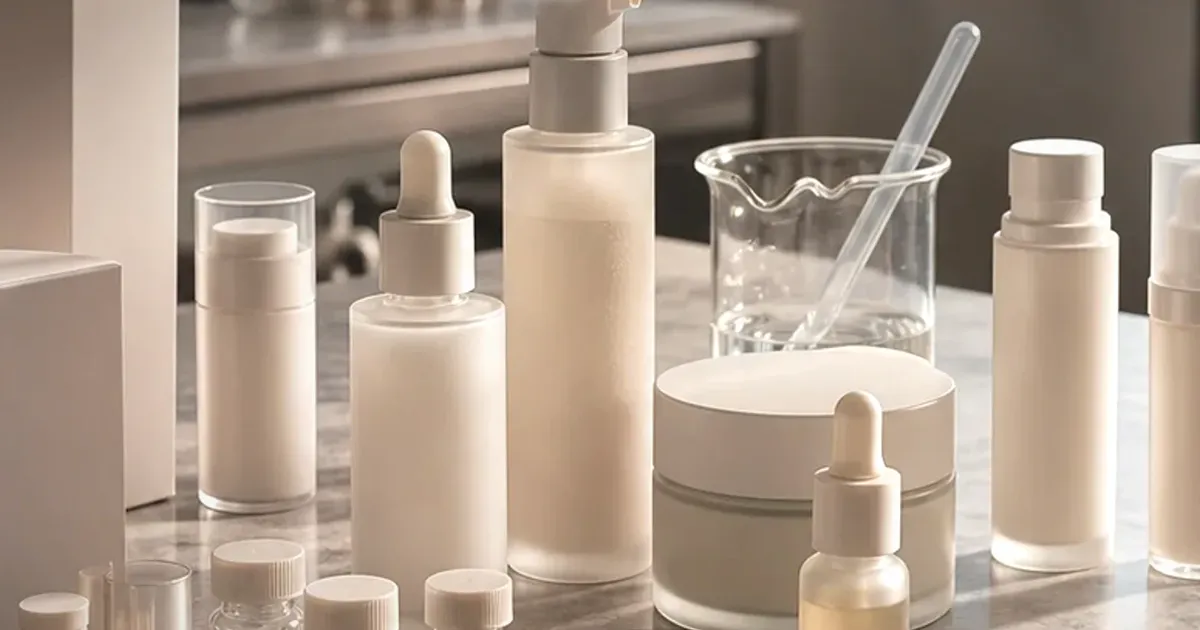 Realistic skincare retail counter with neutral bottles, lab glass, and soft studio light, uniquely composed for Target, APRIL and the...