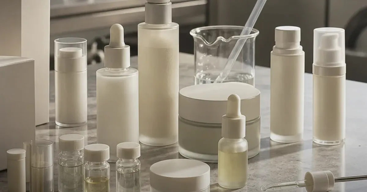 Realistic skincare retail counter with neutral bottles, lab glass, and soft studio light, uniquely composed for Taylor Swift, BTS, and...