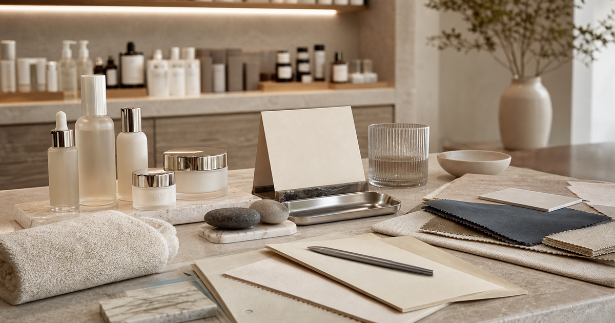 Realistic medspa retail desk with skincare bottles, towel, stones and fabric swatches